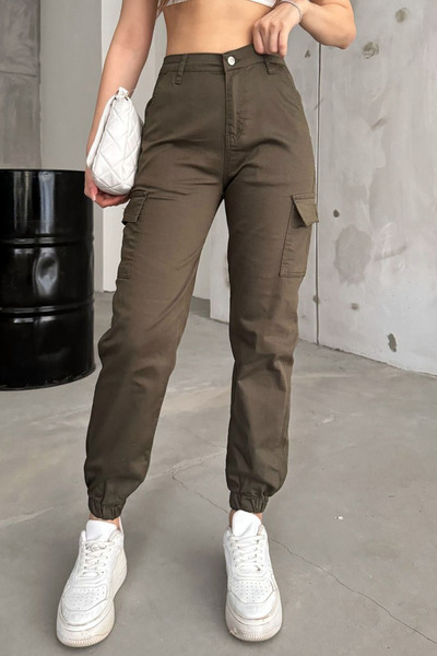 MissThetis Yandan Kargo Cepli Yüksek Bel Düğmeli Fermuarlı Paçası Lastikli Es...