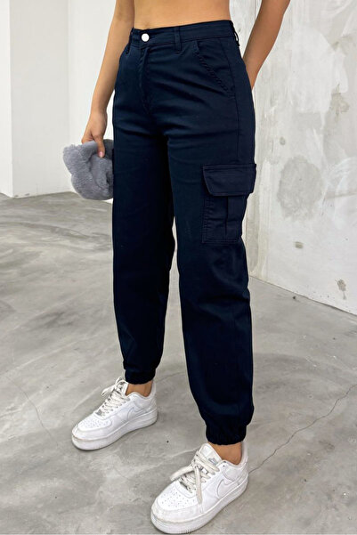 MissThetis Yandan Kargo Cepli Yüksek Bel Düğmeli Fermuarlı Paçası Lastikli Es...