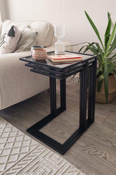 DEKOPRATİK Ibiza Üçlü C Zigon Sehpa Takımı Koltuk Sehpası Metal 3lü Yan Sehpa Füme Camlı