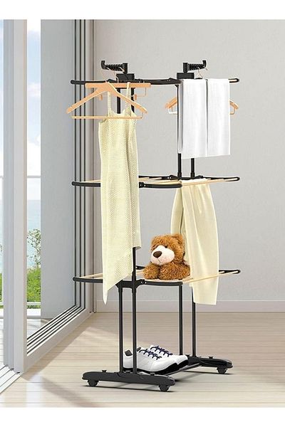 Cady One Vertical Foldable And Adjustable Clothes Drying Rack, 3-level Metal Laundry Rack With Wheels