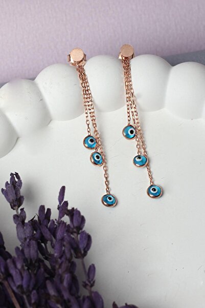 BY BARUN SİLVER Nazar Küpe Sallantılı Nazar Boncuklu Mavi Göz Yuvarlak 925 Ayar Çivili Zincir Gümüş Küpe