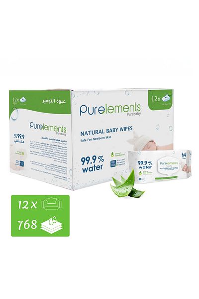 Purelements مناديل طبيعية من الصبار بنسبة 99.9% - عبوة من 12 قطعة - 768 قطعة