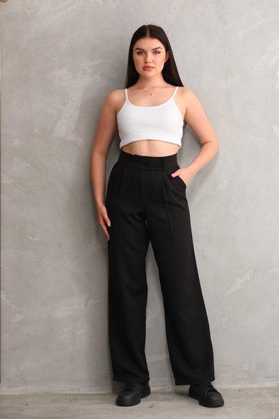 H&A İSTANBUL Women's Black Pocketed Hook-and-Loop Closure Wide-Leg Woven Premium Comfortable Palazzo Pants