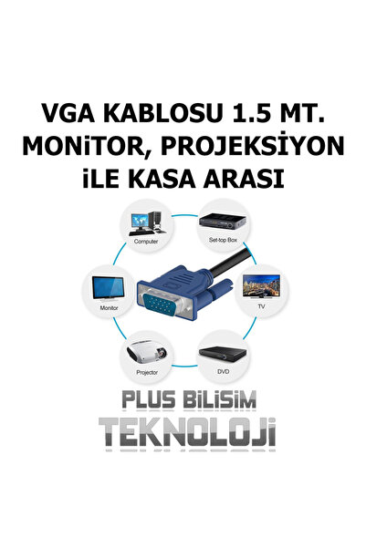 Plus Bilişim OEM Vga Kablosu Ekran, LCD, Monitor, Projeksiyon, Görüntü Kablosu VGA 1.5 Metre Plus Bilişim