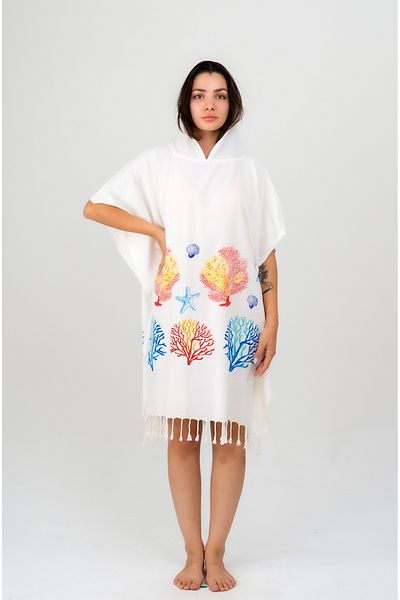 EMİLLİE PONCHO CU GLUGĂ IMPRIMAT VISCOSĂ - CORAL COLORAT