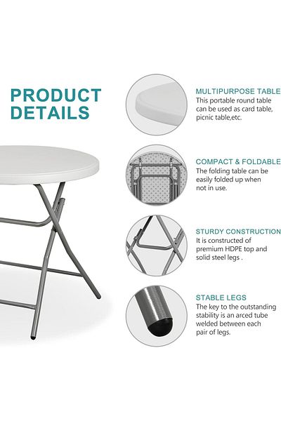 TrentonGCC Outdoor Camping Portable Table, Plastic Round Height Folding Table for Party Event, White 95x75 cm
