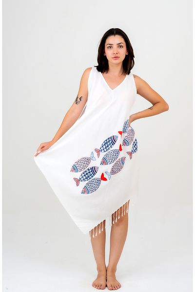 EMİLLİE Rochie de plajă din viscoză model triunghi - design colorat de pește