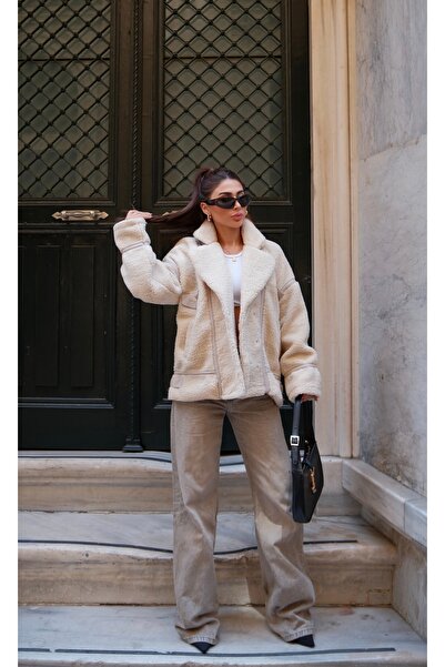 ForOre Μπεζ βελούδινη γούνα Joseph με επένδυση δερμάτινο παλτό με λεπτομέρειες