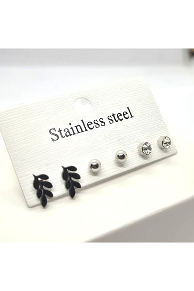 Set Stainless Steel (3 Pairs) Earring Set (Zircon Solitaire - Ball - Leaf)