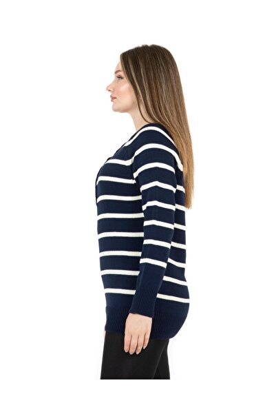 Sortie Navy Blue Striped Wide Collar Sweater