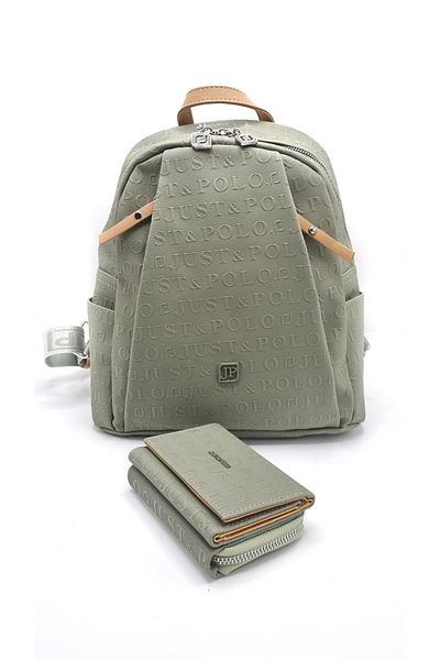 çantamgelsin Just Polo Women's Green 9 Compartment Embossed Printed Backpack and Wallet Combination