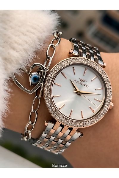 FERRO Brand Silver Color Steel Cord, Rhinestone Case Women's Wristwatch Heart Bracelet