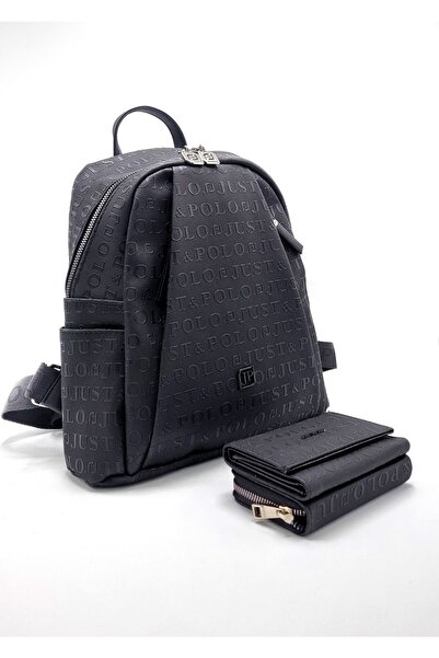 çantamgelsin Συνδυασμός σακιδίου πλάτης και πορτοφολιού JUST POLO Γυναικείο μαύρο 9 θέσεων με ανάγλυφο εμπριμέ