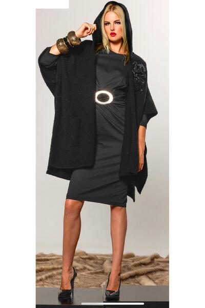 Kupa Kızı Mar de Moda Çıkarılabilir Çiçek Detaylı   Siyah & Camel Rengi Panço