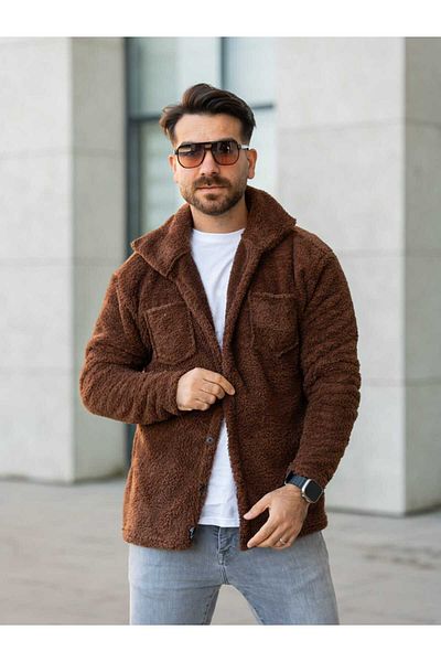 Gameyal Unisex Bitter Brown Plush Fleece Cardigan