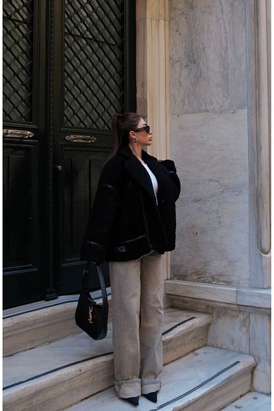 ForOre Black Plush Fur Joseph Lined Leather Detailed Coat