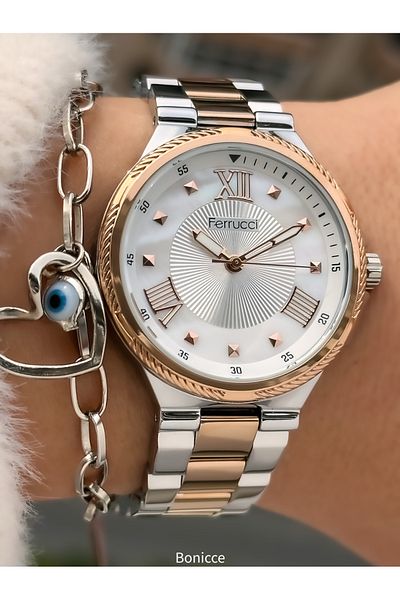 Ferrucci Brand Steel Cord, Silver Rose Color Women's Wristwatch Heart Bracelet