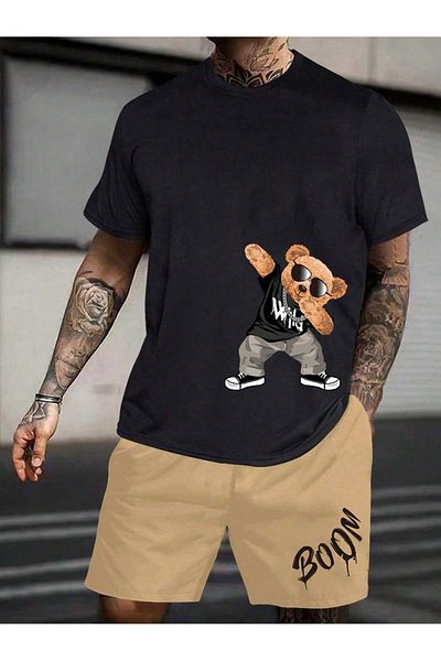 Alviora Oversize Boom Bear Printed Unisex Shorts T-Shirt Bottom Top Set