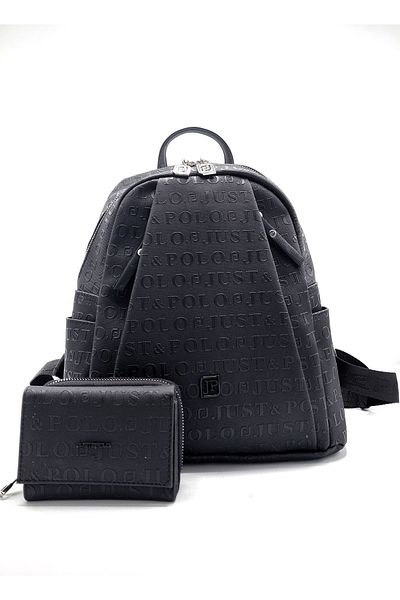 çantamgelsin Just Polo Women's Black 9 Compartment Embossed Printed Backpack and Wallet Combination