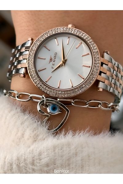 FERRO Brand Silver Color Steel Cord, Rhinestone Case Women's Wristwatch Heart Bracelet
