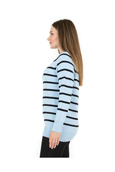 Sortie Blue Striped Wide Placket Collar Sweater