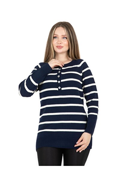Sortie Navy Blue Striped Wide Collar Sweater