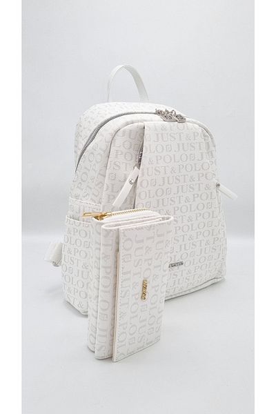 çantamgelsin Just Polo Women's White 9 Compartment Embossed Printed Backpack and Wallet Combination