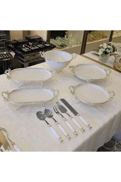 AlyaHomeAksesuar Metal Çerçeveli Ayaklı Kaseli 10 Parça Porselen Sunum Seti Gümüş