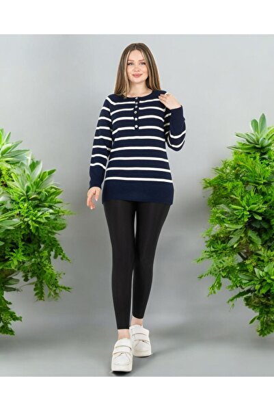 Sortie Navy Blue Striped Wide Collar Sweater
