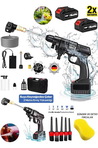 OG GERMANY STEEL ŞARJLI KÖPÜKLÜ OTO ARABA BAHÇE YIKAMA TABANCASI YÜKSEK BASINÇLI ÇİFT AKÜLÜ+ SÜNGER DETAY FIRÇALAR