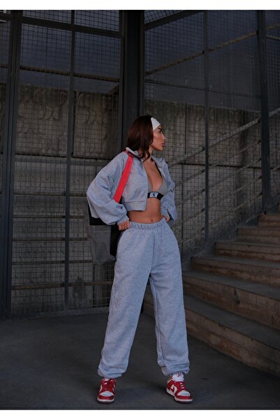 ForOre Γκρι Σετ φόρμας φούτερ με διπλό φερμουάρ Crop 3 νήματα Fleece