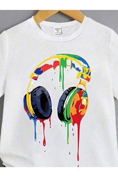 vinraus Girl's White-Black Paint Headphones Printed Shorts-Tshirt Set