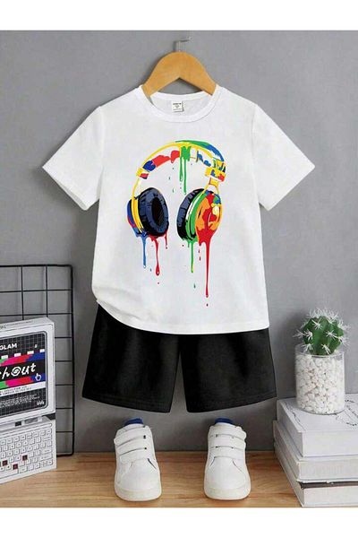 vinraus Girl's White-Black Paint Headphones Printed Shorts-Tshirt Set