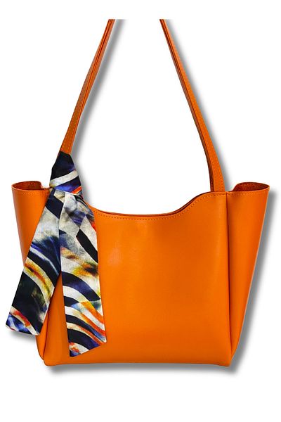 Kontes Women's Orange Shopper Hand and Shoulder Bag with Scarf, Zipper and Snap Closure