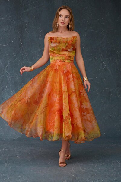 BUTİK KORİDOR Straplez Desenli Midi Elbise