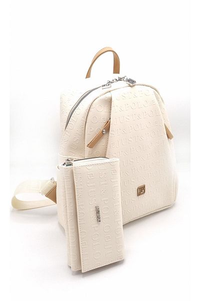 çantamgelsin Just Polo Women's Cream Embossed Printed Backpack and Wallet Combination