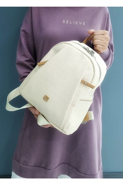 çantamgelsin Just Polo Women's Cream Embossed Printed Backpack and Wallet Combination