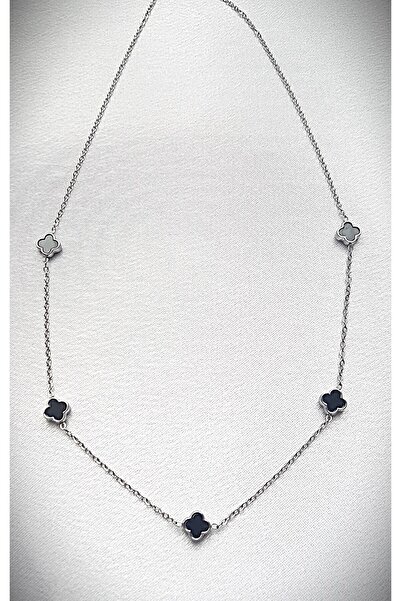 ERKA AKSESUAR Siyah Mineli Mini Yonca Çelik Kolye