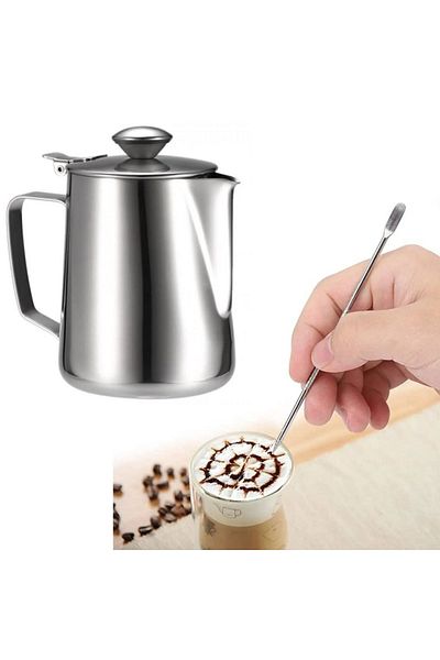adin tasarım Latte Set 3-Piece Milk Pot with Lid 500 ml + Latte Art Pen Stick + Milk Frother Set
