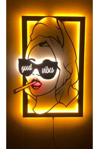SENVESER Üç Boyutlu Led Işıklı Ahşap Tablo Good Vibes Girls Figürü Duvar Deko...