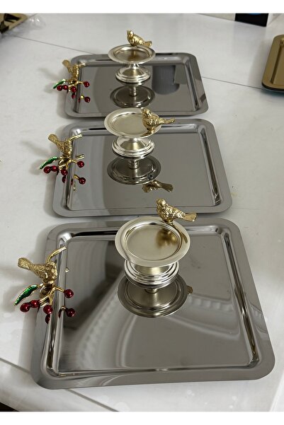 Elzemm store ÇELİK KARE 3 ADET KUŞLU SUNUM TEPSİSİ VE GÜMÜŞ KUŞLU MAKARONLUK 3 ADET