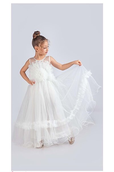 Mnk Baby&Kids Rochie de seara pentru fete cu fusta lunga si bretele cu motiv trandafir M00670 ALB