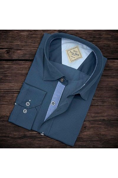 EREN STYLE Cămașă pentru bărbați cu mânecă lungă, albastru bleumarin, din bumbac (model slim fit)