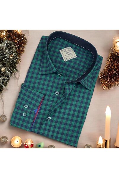 EREN STYLE Cămașă pentru bărbați cu mânecă lungă în carouri verde din bumbac ...