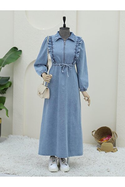 MACMODA Yarım Fermuarlı Tünel Bağcıklı Kot Elbise-Buz Mavi