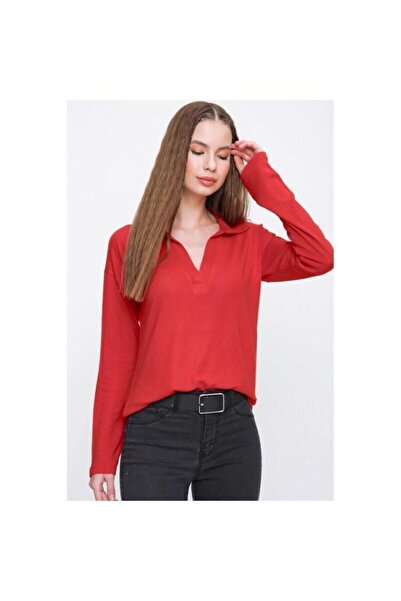 Pasaklı Giyim Kadın Kırmızı Polo Yaka Rahat Bluz 2749160