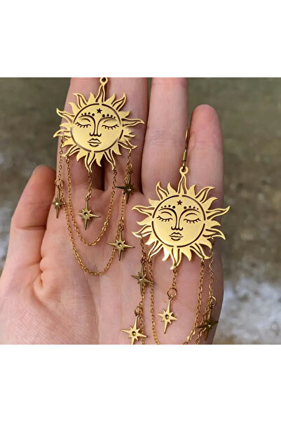 WasWink Şık Güneş ve Yıldız Püskül Zincirli Kolye Küpeler Kararmayan Bakır Altın Renk