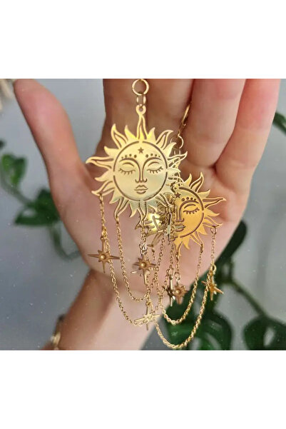 WasWink Şık Güneş ve Yıldız Püskül Zincirli Kolye Küpeler Kararmayan Bakır Altın Renk