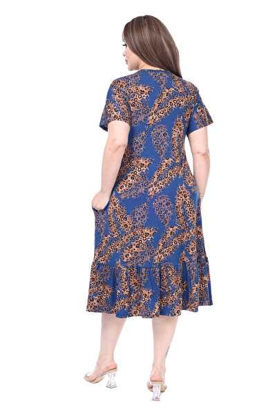 MELSAY Kadın V yaka Kısa Kol Lacivert Başak Desen Robalı Elbise