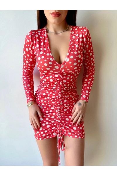 Moka Shopin Mokashopin Women's V-Neck Front Elevator Drawstring Detail Deal Product Polka Dot Mini Dress